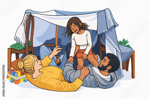 Happy and loving family spending joyful time in a play tent set up at home.