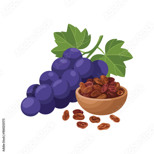Grapes and raisins in a wooden bowl