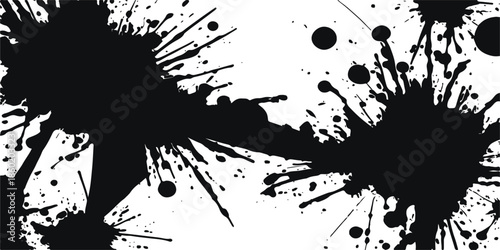 Black ink splat vector illustration featuring a grunge paint splatter texture with a dirty spray brush drip and artistic blot stain pattern on a silhouette design element banner