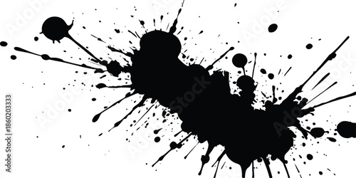 Black ink splat and grunge splatter vector illustration featuring a dirty paint splash texture with liquid drips and spray spots as a decorative design element on a silhouette background