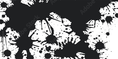 Black and white grunge background vector featuring an artistic paint splash texture with ink splatters, spray brush strokes, and liquid drip stains for a dirty silhouette pattern design element