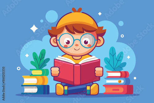 Little book lover reading icon isolated illustration
