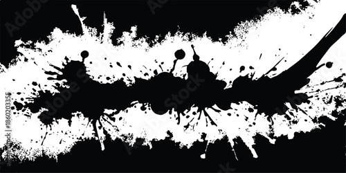 A dirty black ink splat and liquid paint splatter creates a grunge texture pattern with spray drips and a silhouette stain element on a black and white vector illustration background