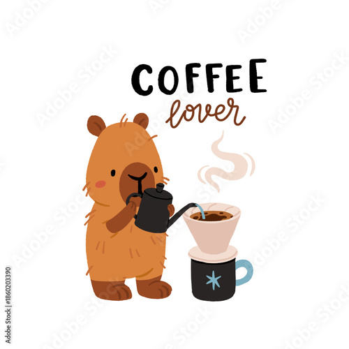 Cozy Capybara Coffee Rituals Vector Set. Capybarista Brewing Specialty Coffee, Pour over, Grinder, Morning Routine, Hygge Lifestyle Illustration