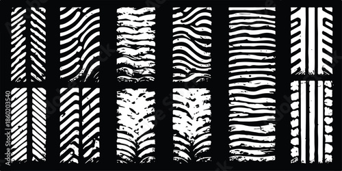 Seamless black tire track vector pattern set featuring car and truck tread textures for auto wheel print design on a white road background