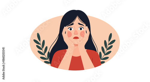 Illustration of a shocked or scared young woman with her hands on her face, expressing surprise or fear