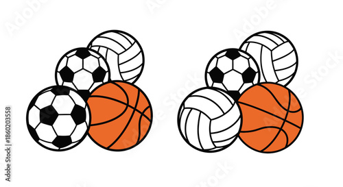 Collection of sports balls, including soccer, basketball, and volleyball, isolated on a white background