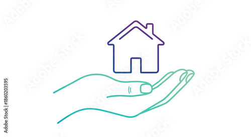 Abstract line drawing of an open hand holding a house symbol with a gradient of blue and purple on a white background