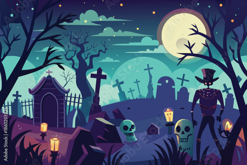 Nighttime skeleton graveyard halloween illustration