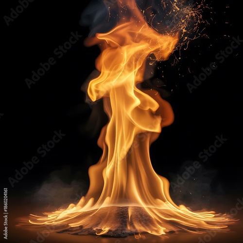 Vibrant orange fire flame burning on a dark surface with sparks