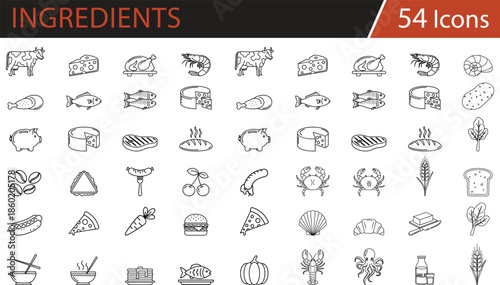 Food and agriculture icons set featuring meats, seafood, dairy, vegetables, grains, and prepared dishes for menus, farming content, nutrition guides, cooking apps, and food industry 