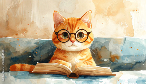 Cute ginger cat wearing big round glasses reading open book, watercolor children illustration style, cozy and playful atmosphere, orange fur, blue background