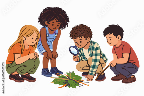Curious school students exploring nature outdoors examining plants with the help of a magnifying glass.