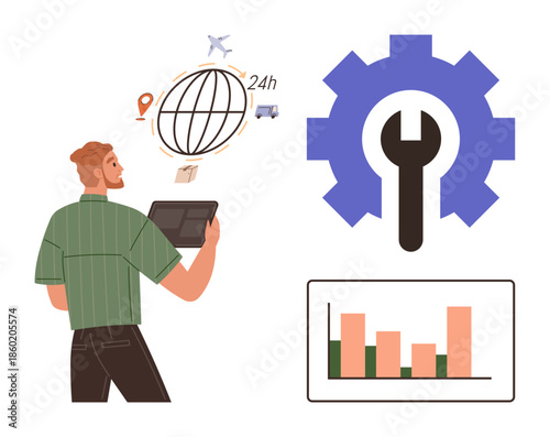 Person using tablet to oversee logistics, global networking, and delivery. Gear with wrench, transport modes, 24-hour services, bar chart. Ideal for logistics, management optimization analytics