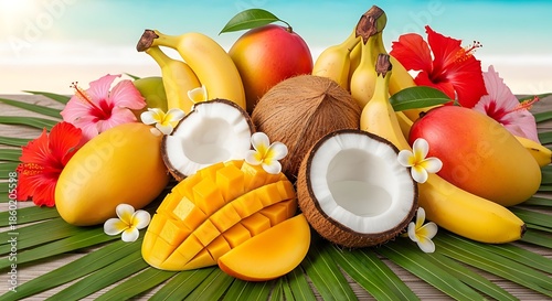 Vibrant tropical fruit display with hibiscus flowers on palm leaves