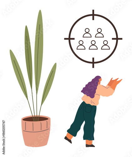 Woman examining paper near tall potted plant and targeting icon with group of people. Ideal for teamwork, leadership, focus, planning, goal setting, strategy, growth, simple flat metaphor