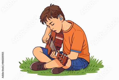 Boy spending time alone in the garden and enjoying playing an instrument.