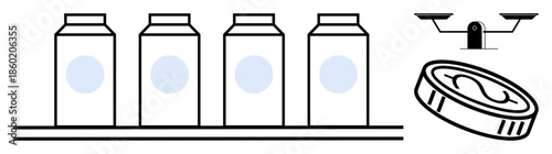 Grocery shopping, food packaging, nutrition, food industry, product weighing, market concepts. Milk cartons lined up, a tuna can and a scale. Grocery shopping and food packaging concepts