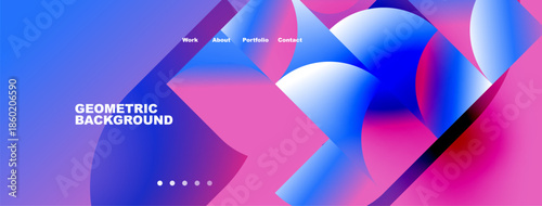 Abstract geometric background. Vibrant pink, blue hues create modern design. Navigation menu present, dots indicate sections.