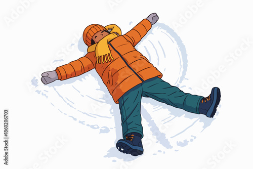 A little adventurer lying peacefully on the snow in a cold weather with an orange jacket and scarf.