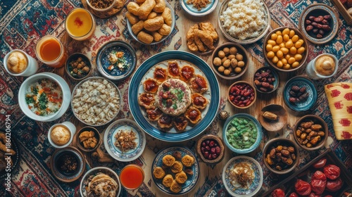 A vibrant overhead shot showcases a diverse, colorful spread of dishes on a patterned surface
