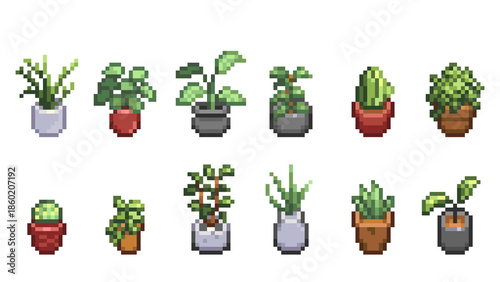 A cute little tree in a pot, drawn in a pixel art style. Perfect for decoration.