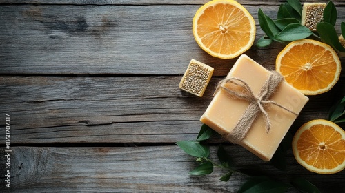 Rustic arrangement of citrus fruit slices, soap, and sprigs on weathered wooden surface