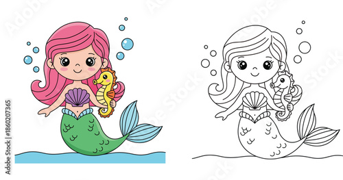 Cute cartoon mermaid holding a seahorse vector illustration with black and white outline for coloring book page or kids activity