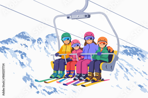 Winter holiday joy of a happy family traveling towards the summit by chairlift in the unique landscape of snowy mountains.