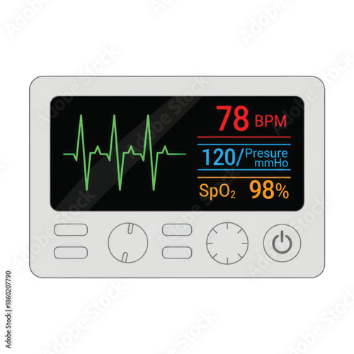Medical monitor device displaying heart rate, oxygen saturation, and waveform on a digital screen.