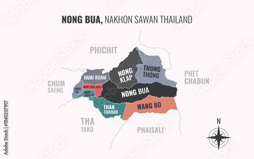 Map showing Nong Bua District Nakhon Sawan Thailand divided into sub districts with minimalist colorful patterns