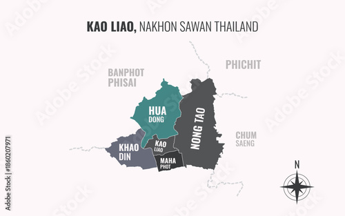 Map showing Kao Liao District Nakhon Sawan Thailand divided into sub districts with minimalist colorful patterns