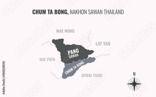 Map showing Chum Ta Bong District Nakhon Sawan Thailand divided into sub districts with minimalist colorful patterns