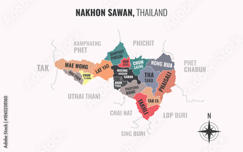 A map showing Nakhon Sawan Thailand divided into districts in a minimalist colorful style