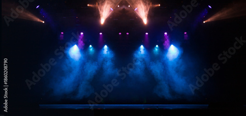 scene, stage light with colored spotlights and smoke