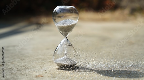 hourglass. Hourglass on stone with sand flowing and scattering in the wind. wellbeing guides, coaching materials, designed for coaching and self-improvement content, clarifies learning.