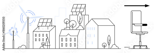 Renewable energy, urban sustainability, green buildings, eco-friendly lifestyle, remote work, innovation. Buildings with solar panels, wind turbines and office chair. Urban sustainability