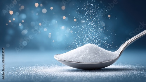 Spoonful of xylitol and erythritol sweeteners falling gracefully against blue background for healthy natural sugar alternatives concept