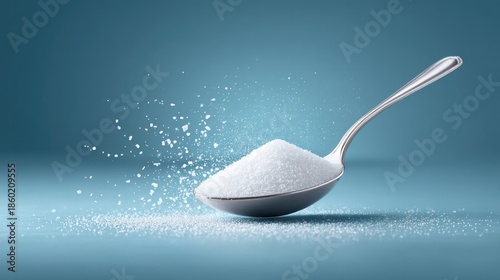 Spoonful of xylitol and erythritol sweeteners falling gently against gradient blue background