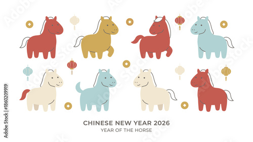 Cute Cartoon Horses Celebrating Chinese New Year 2026 Year of the Horse.