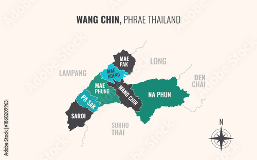 Map showing Wang Chin District Phrae Thailand divided into sub districts with minimalist colorful patterns