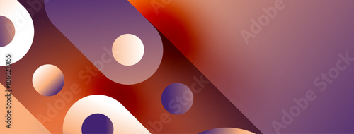 Abstract geometric shapes, circles, gradients. Warm orange, purple hues create modern visual effect. Minimalist design.