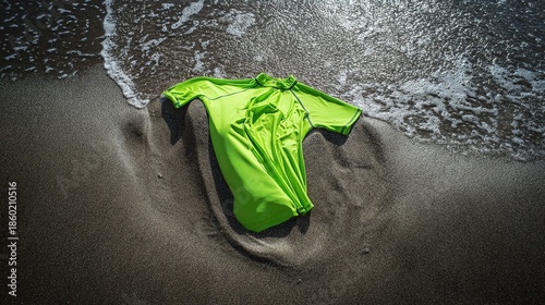 rashguard. Neon surf rashguard laid flat on wet sand, material stretched. lifestyle magazines, social media lookbooks, designed for lifestyle magazines and social media content.