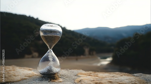 hourglass. Hourglass on stone with sand flowing and scattering in the wind. wellbeing guides, coaching materials, designed for coaching and self-improvement content, clarifies learning.
