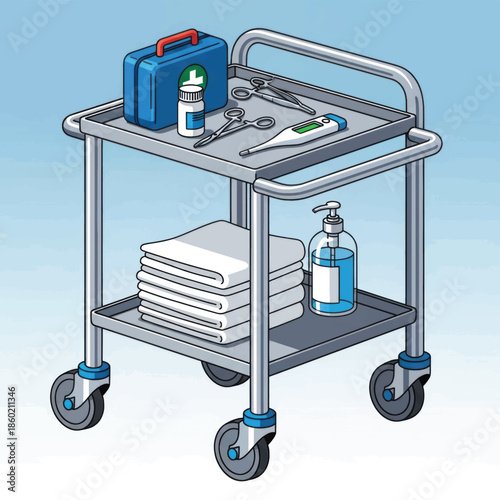 Medical trolley loaded with bottles syringes wipes and gloves on a wheeled cart in a clinical setting.