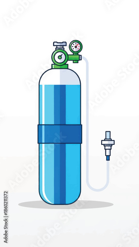 Medical oxygen cylinder with regulator and gauge in a clinical setting.