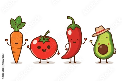 A colorful illustration of anthropomorphic vegetables and fruits with smiling faces