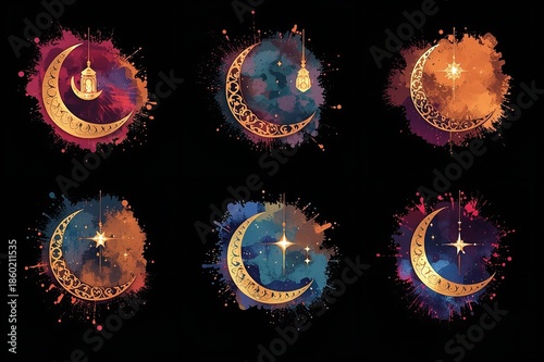 A collection of colorful crescent moon illustrations with stars and lanterns on a black background