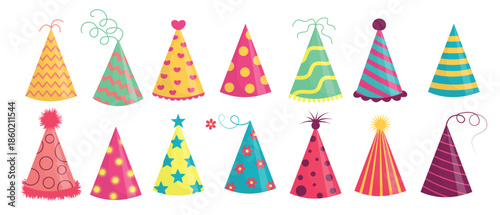 Party hat set. Cute birthday cone caps in bright colors with pompon above. Festive paper caps collection.