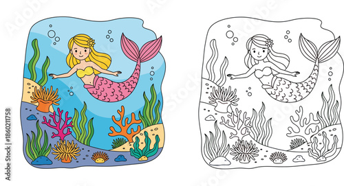 Cute cartoon mermaid swimming underwater with coral reef vector illustration set showing colored version and black and white outline for coloring book page activity.